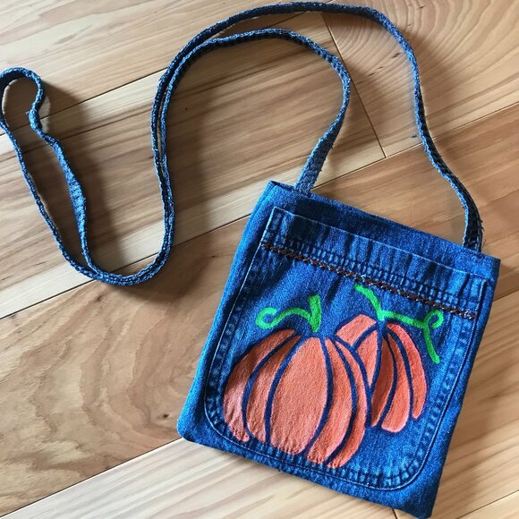 Handmade Crossbody Bag: Recycled Denim Cell Phone Holder, Autumn Painted Pumpkin - Picture 6 of 11